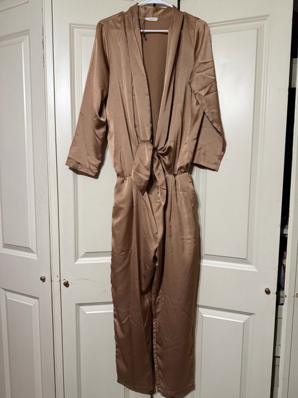 Satin Tie-Waist Robe Jumpsuit in Bronze